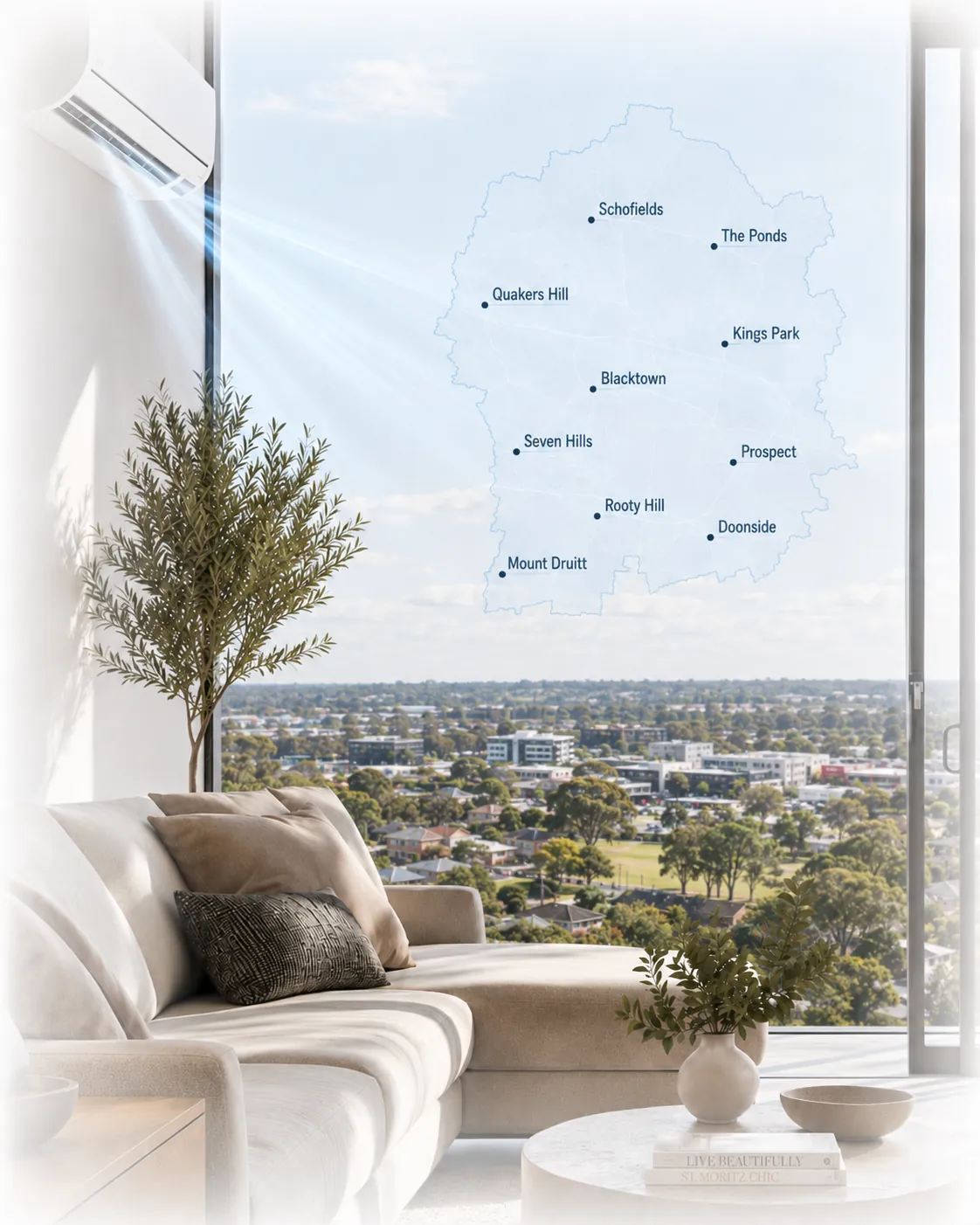 Map of the Blacktown LGA showing suburbs serviced by Luxe Air