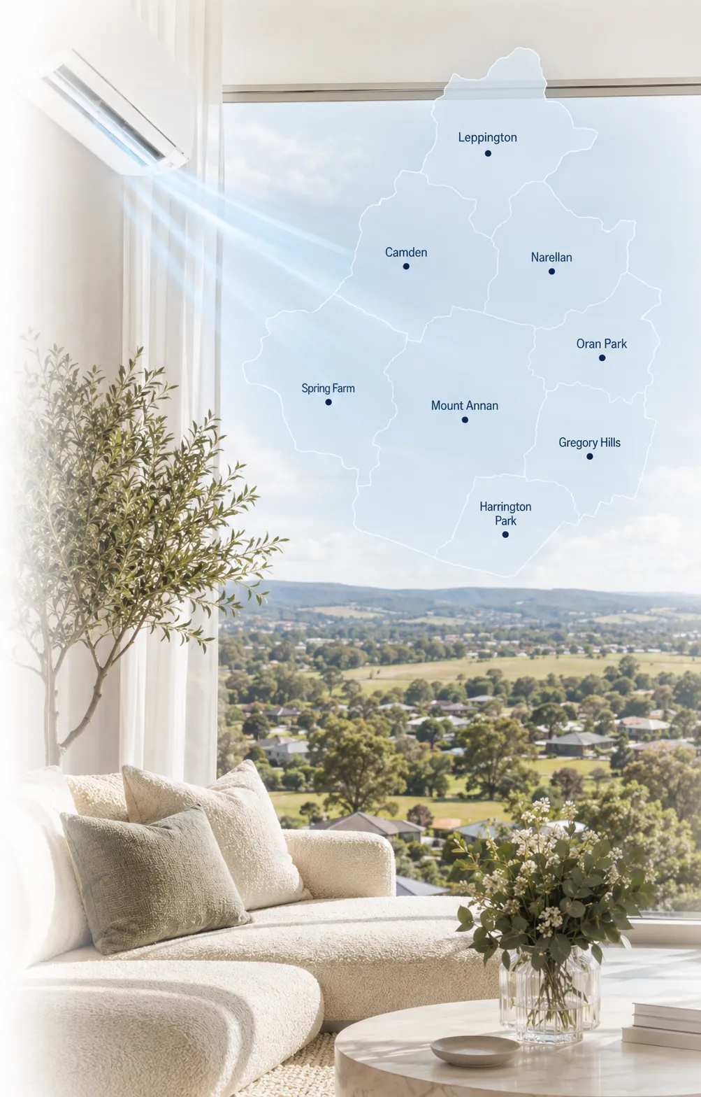 Map of Camden showing suburbs serviced by Luxe Air