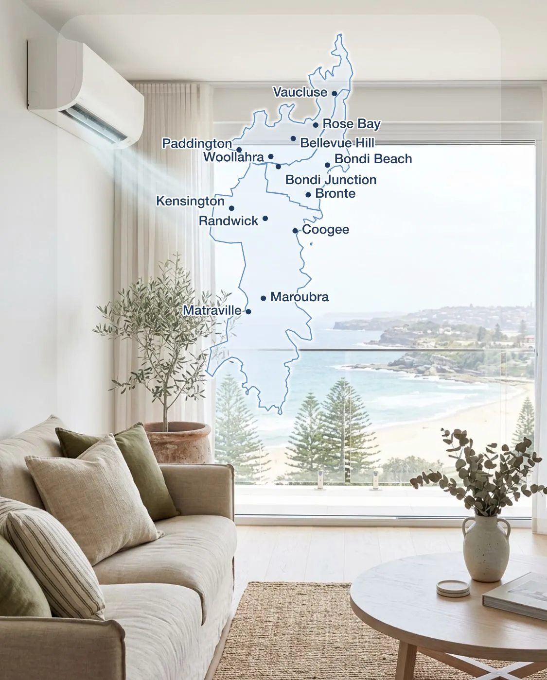 Map of the Eastern Suburbs showing suburbs serviced by Luxe Air