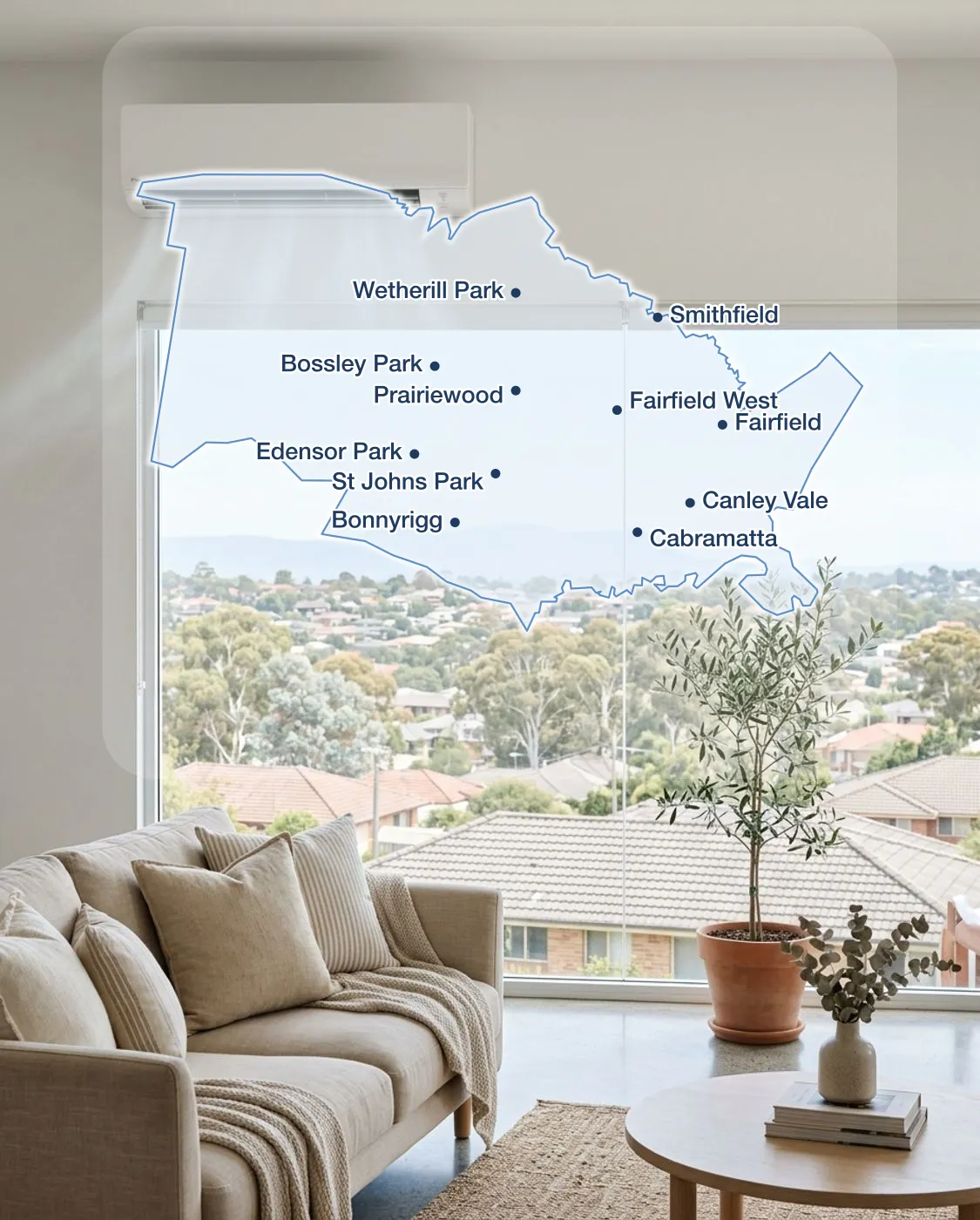 Map of Fairfield showing suburbs serviced by Luxe Air