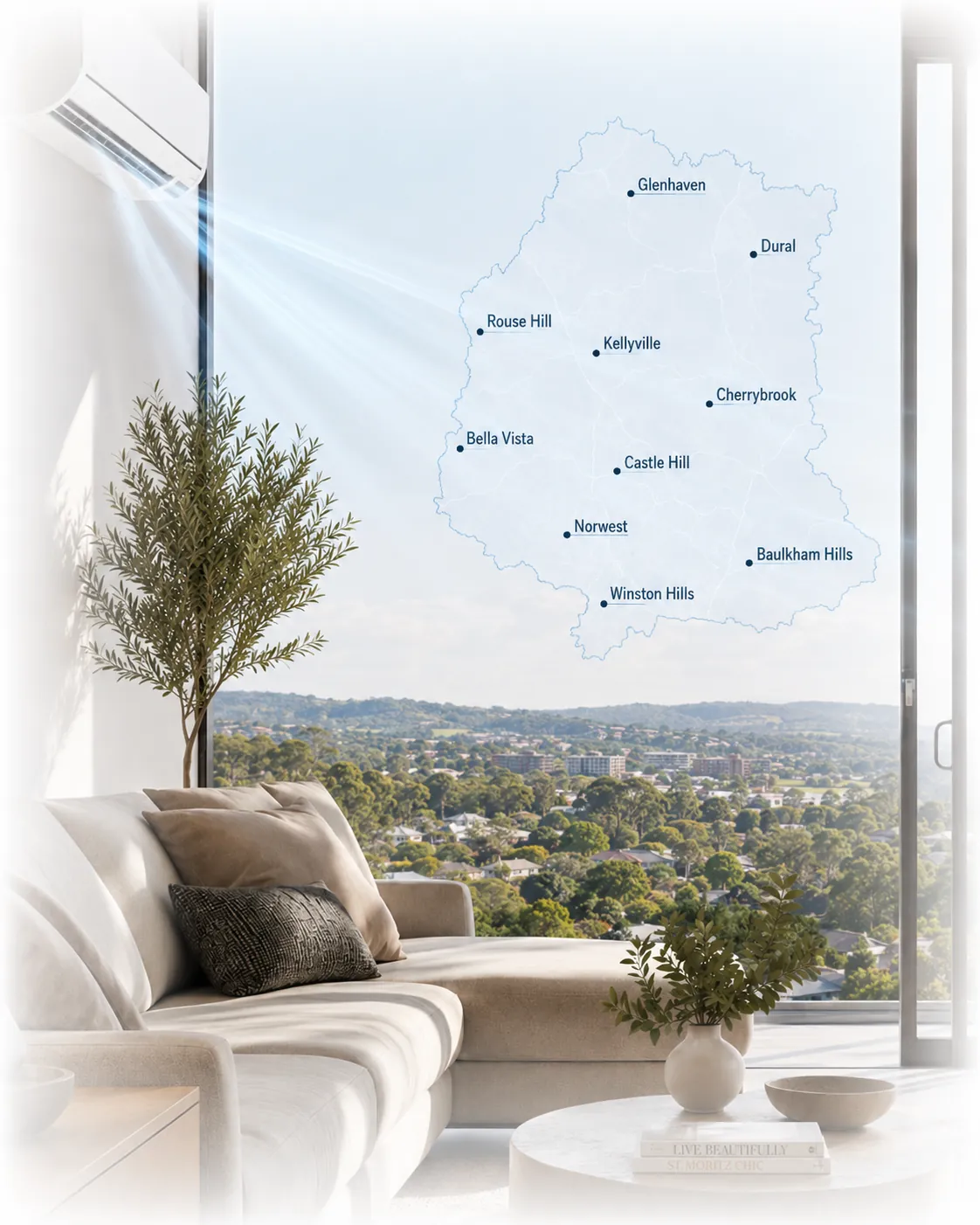 Map of the Hills District showing suburbs serviced by Luxe Air