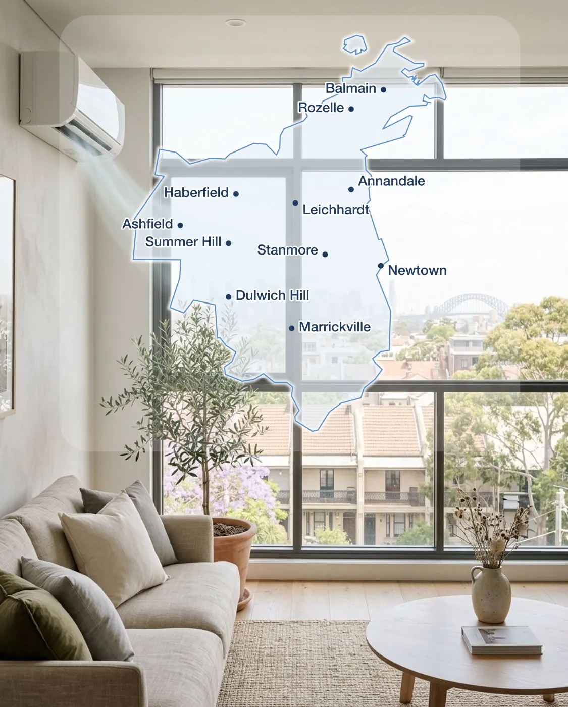 Map of the Inner West showing suburbs serviced by Luxe Air