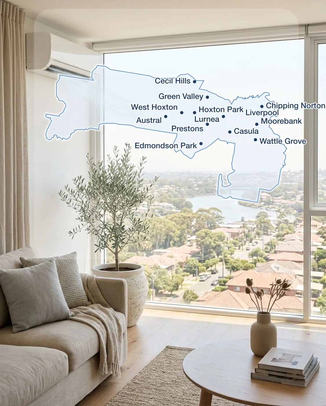 Map of Liverpool showing suburbs serviced by Luxe Air