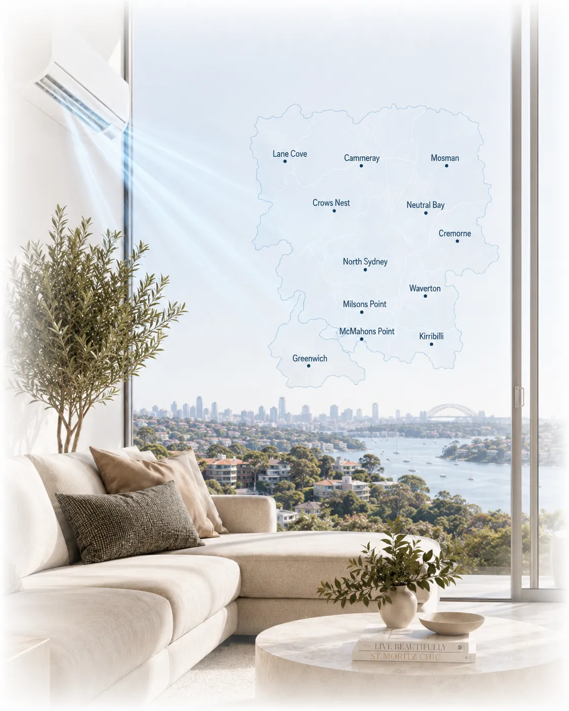 Map of the Lower North Shore showing suburbs serviced by Luxe Air