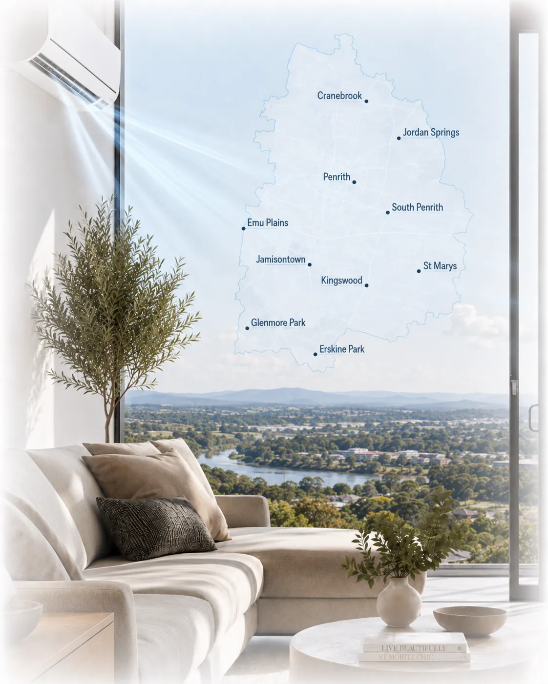 Map of Penrith showing suburbs serviced by Luxe Air