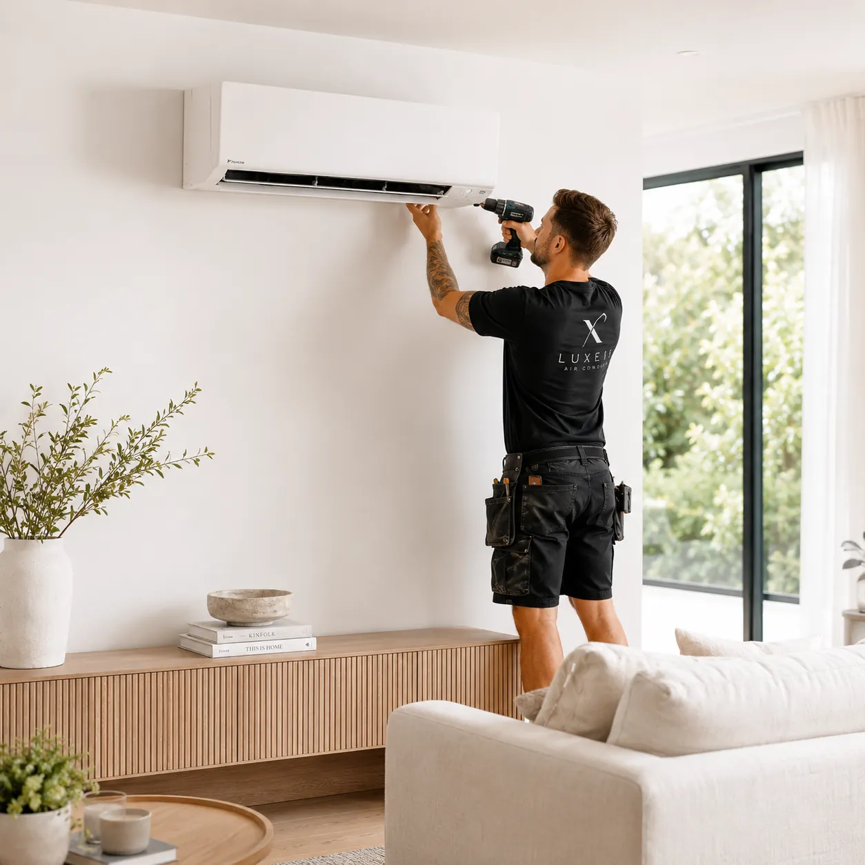 A Luxe Air installer fitting a wall-mounted split system in a bright living room