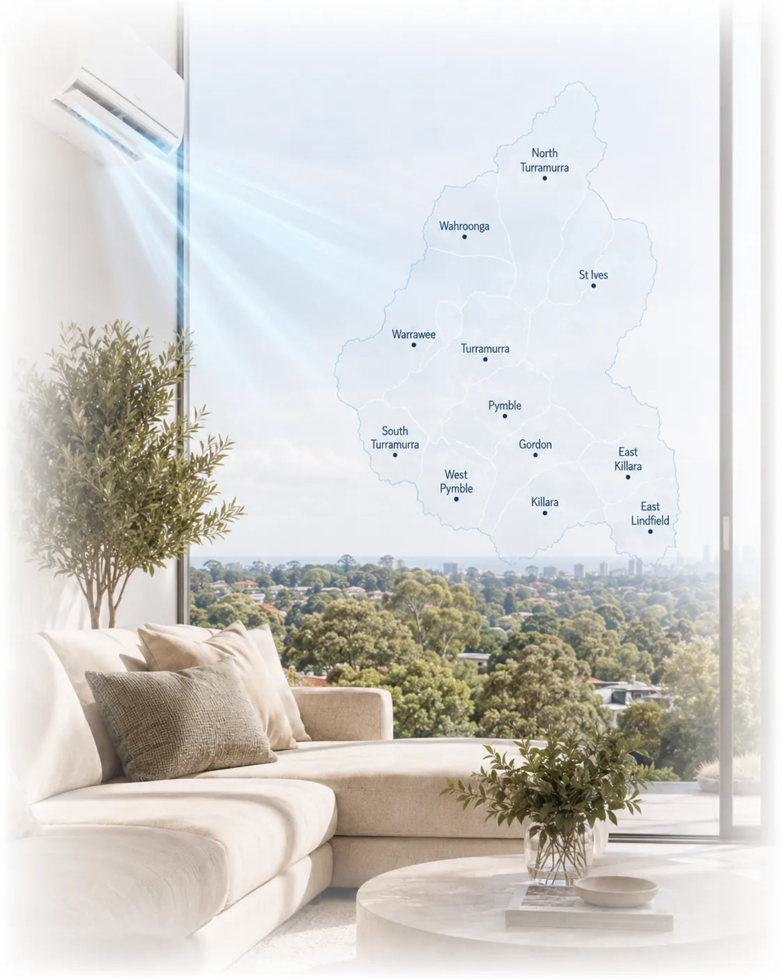 Map of the Upper North Shore showing suburbs serviced by Luxe Air